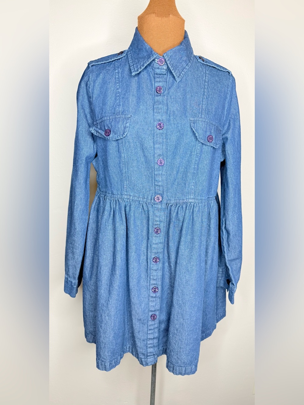 Denim 24/7 Blue Button-Front Shirt Babydoll Style Size 12